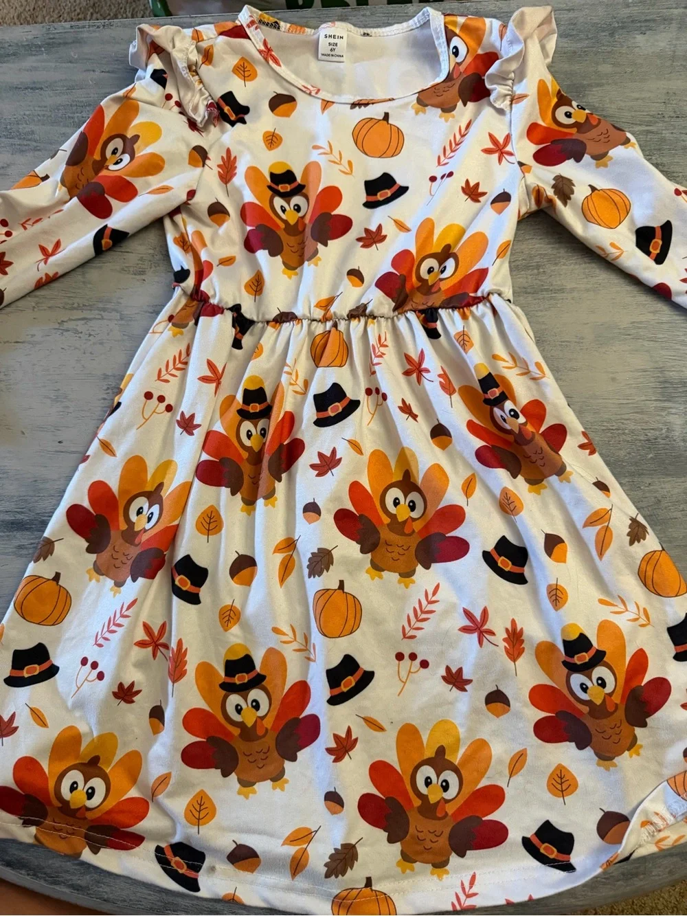 SHEIN White Orange Turkey Print Kids Fall Dress